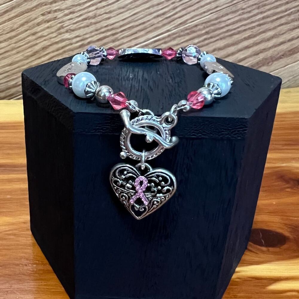 Breast Cancer Pink‎ Ribbon Silver Tone Beaded Bracelet Strength Courage Hope